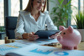 Femme d'affaires analysant des graphiques sur une tablette pour l'inflation