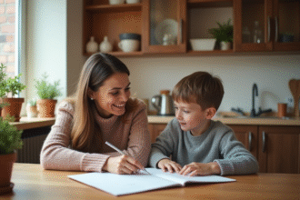 Femme aidant un garçon à faire ses devoirs dans la cuisine
