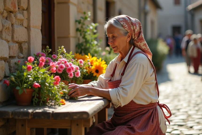 Femme âgée en costume traditionnel français arrangeant des fleurs printanières
