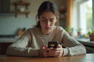 Femme inquiète regardant un appel entrant avec l'indicatif +212 sur son smartphone, illustration d'une arnaque au ping call