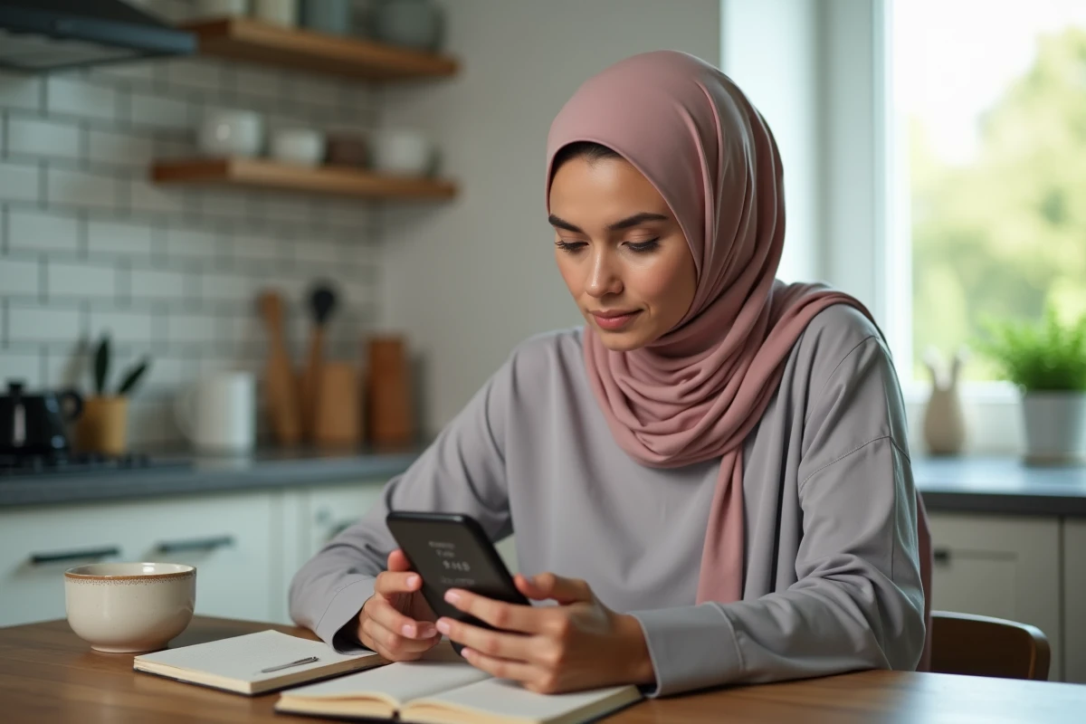 Femme consultant l'heure de l'Imsak sur une application mobile de prière pendant le Ramadan