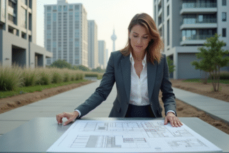 Femme architecte examinant des plans de construction