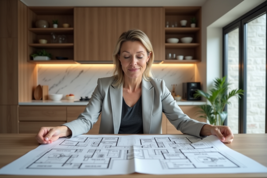 Femme professionnelle examinant des plans d'appartement modernes