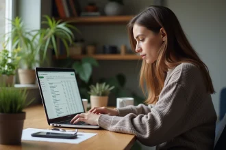 Femme détendue travaillant sur Google Sheets à la maison