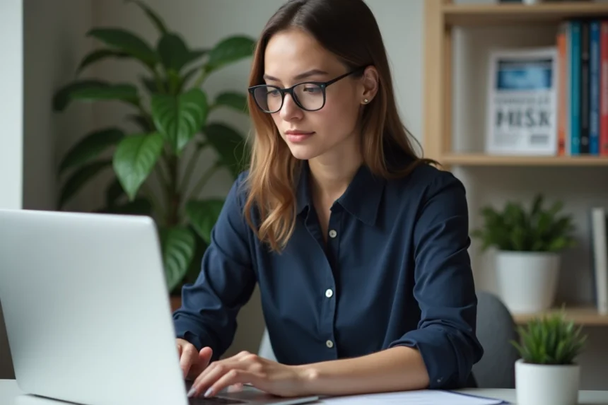 Jeune femme au bureau travaillant sur un ordinateur portable