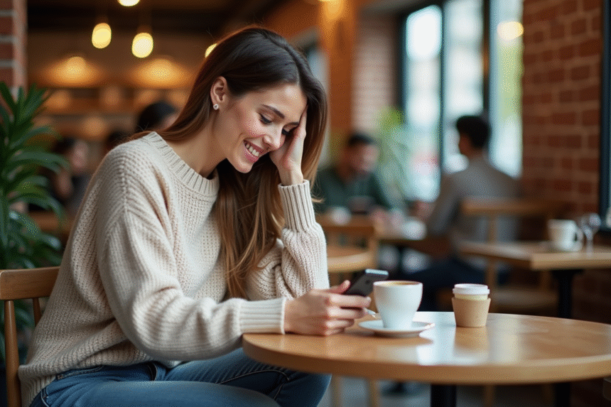 Femme détendue au café utilisant son smartphone