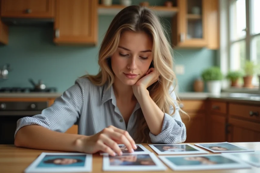 Jeune femme examine des cartes dans la cuisine ensoleillee