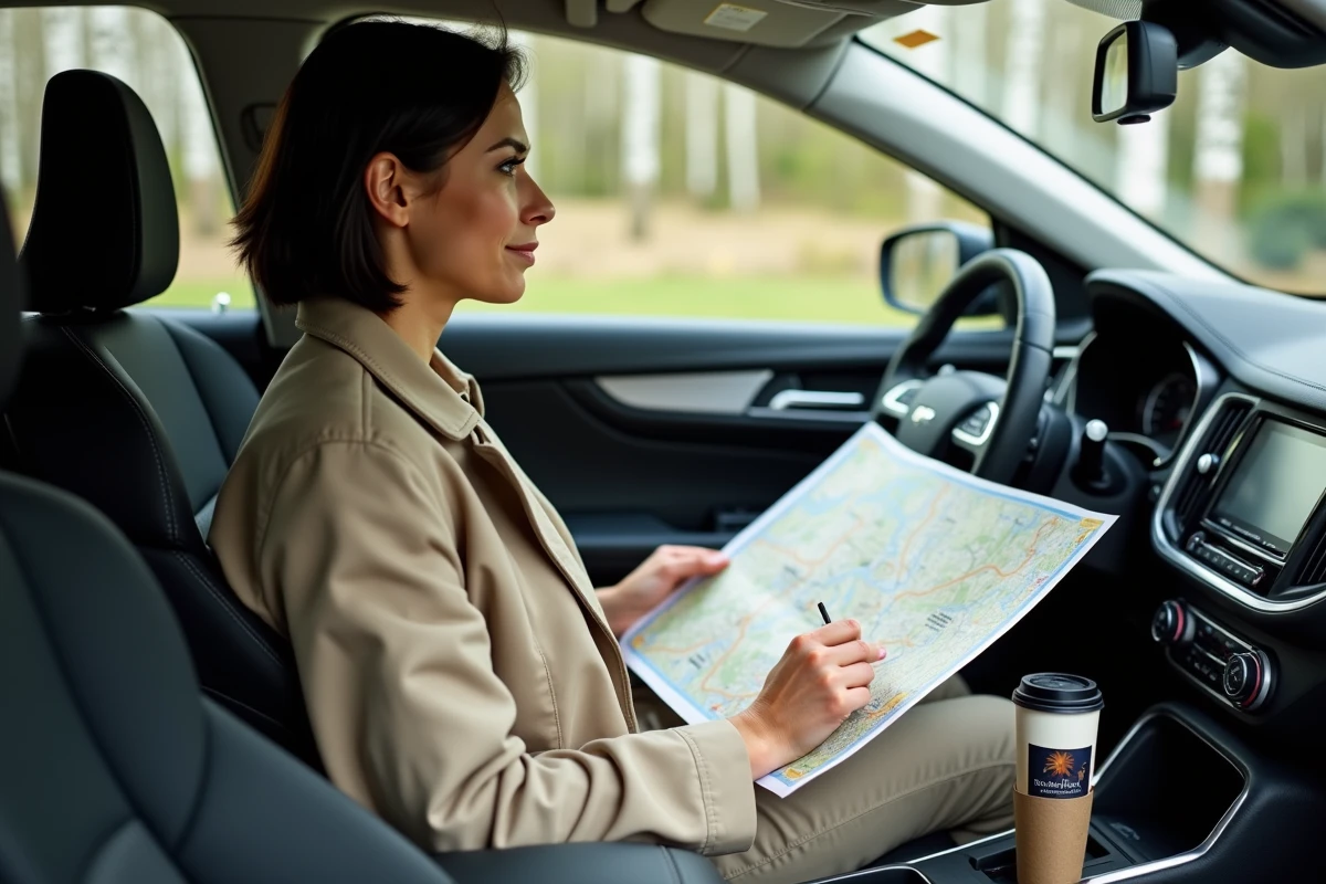 Femme en voiture consultant une carte land d'Allemagne avant de reprendre la route en voyage