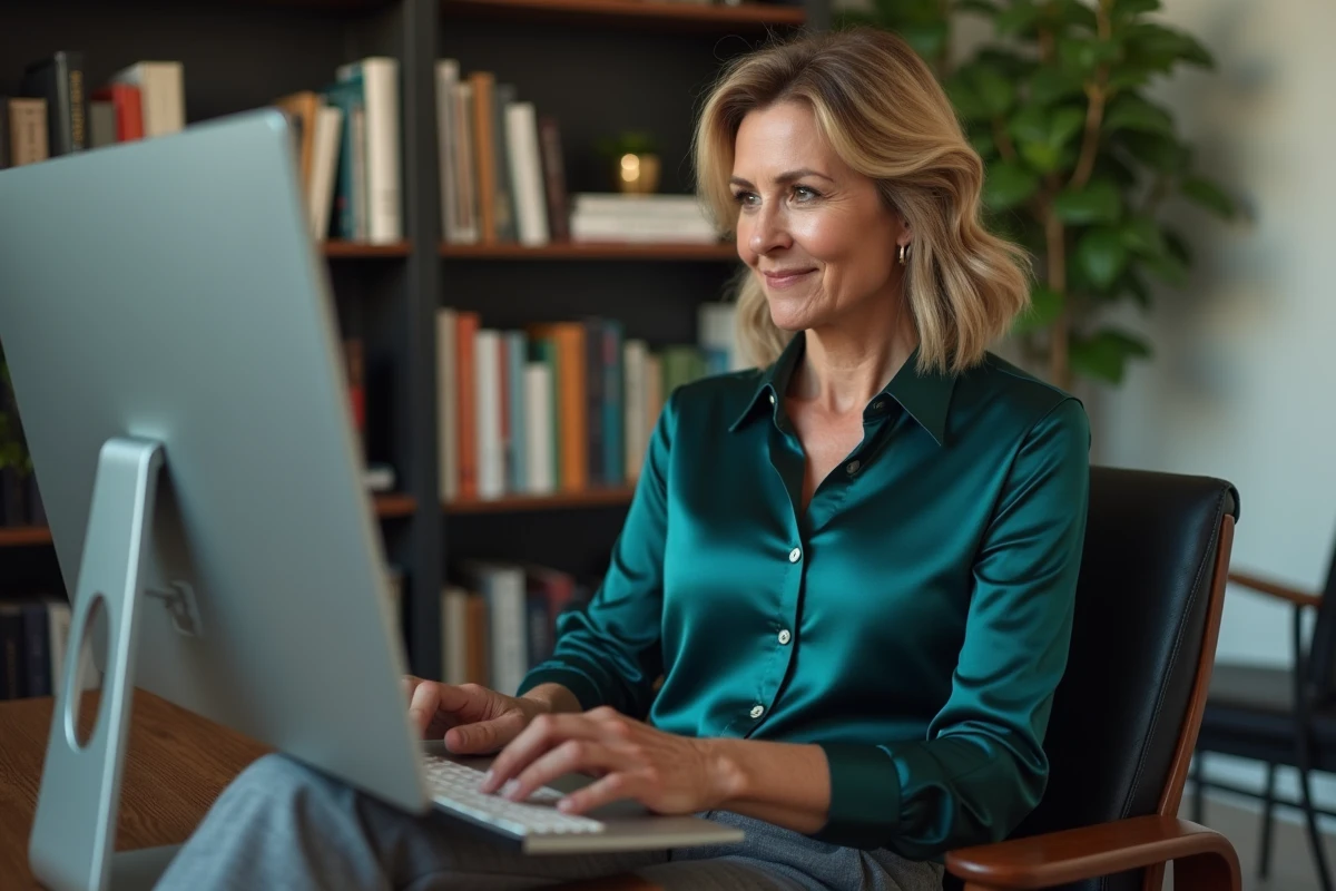 Femme sophistiquée dans la cinquantaine consultant un site de rencontres cougar sur ordinateur dans un bureau à domicile élégant