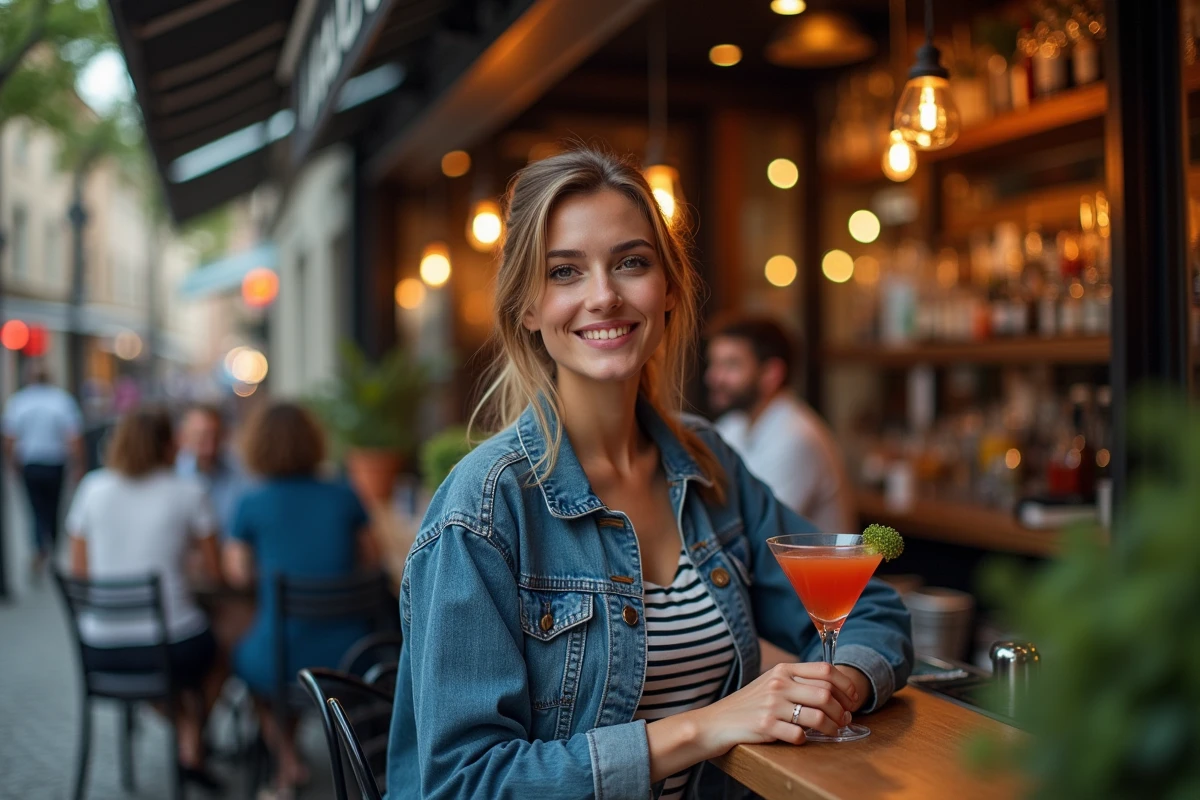 Jeune femme souriante avec cocktail sur terrasse toulousaine