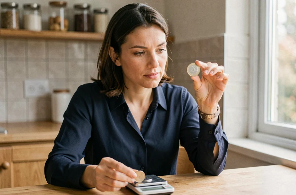 Femme comparant deux pièces de 2 euros rares sur une balance numérique à la maison