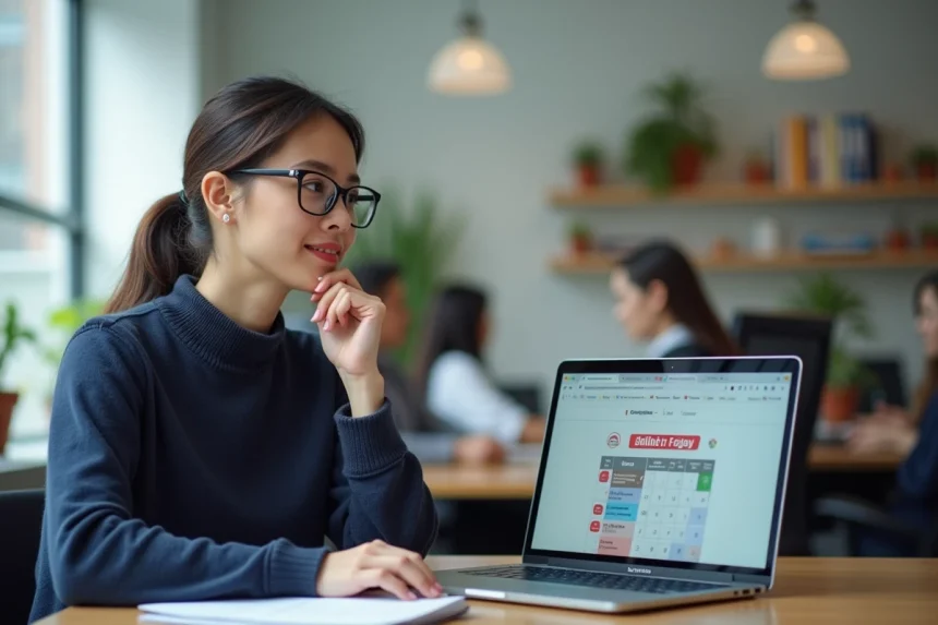 Femme consultant le site journeesmondiales.fr sur un ordinateur portable dans un bureau moderne