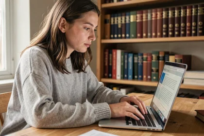 Jeune femme utilisant un outil de correction orthographique en français sur son ordinateur portable dans un bureau à domicile