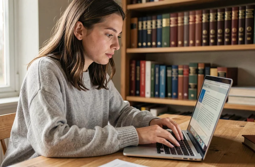 Jeune femme utilisant un outil de correction orthographique en français sur son ordinateur portable dans un bureau à domicile