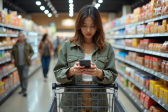 Femme modeste compare prix avec smartphone en course