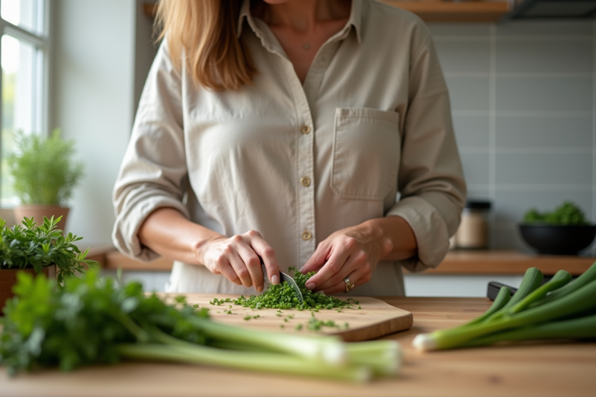 Femme en cuisine coupant des herbes fraîches