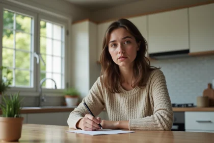 Jeune femme écrivant une lettre dans une cuisine moderne