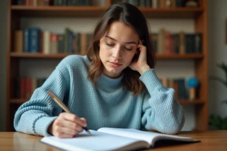 Jeune femme écrivant dans un cahier à son bureau, illustrant la correction orthographique en français