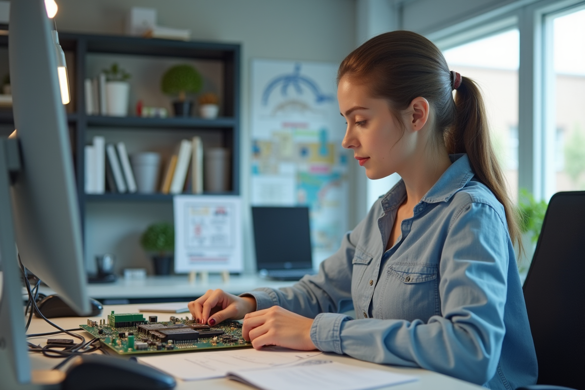 Jeune femme étudie un circuit imprimé de ECU