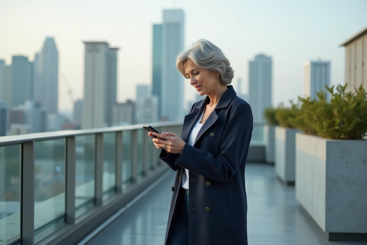 Femme élégante dans la quarantaine consultant son smartphone sur une terrasse urbaine, illustrant la création d'un profil de rencontres cougar attractif