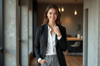 Femme élégante en blazer dans un appartement moderne