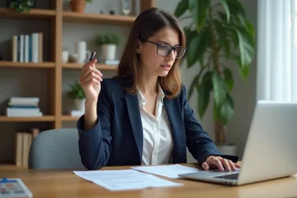 Femme entrepreneur lisant attentivement les conditions d'un abonnement en ligne à son bureau minimaliste