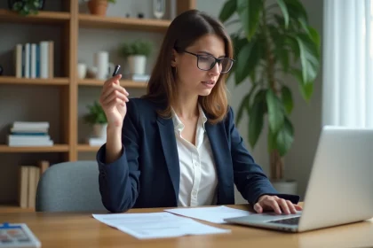 Femme entrepreneur lisant attentivement les conditions d'un abonnement en ligne à son bureau minimaliste