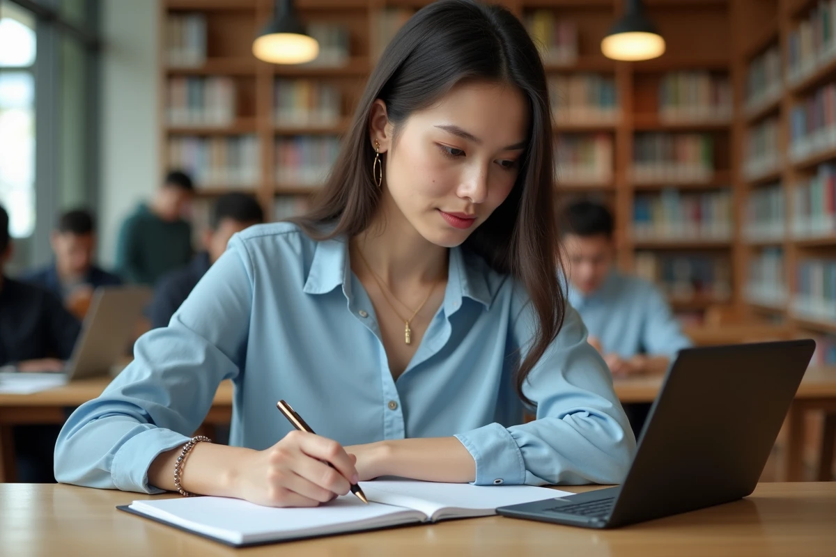 Femme étudiante écrivant dans un carnet avec une tablette