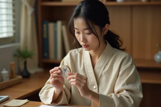 Jeune femme examinant un talisman omamori traditionnel japonais en tissu brodé posé dans ses mains, ambiance bureau cosy