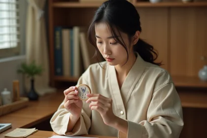 Jeune femme examinant un talisman omamori traditionnel japonais en tissu brodé posé dans ses mains, ambiance bureau cosy
