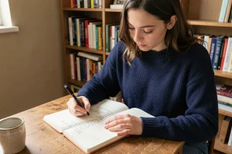 Jeune femme écrivant dans un cahier de grammaire française sur un bureau en bois, illustrant un exercice sur le participe passé de rejoindre