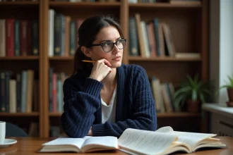 Femme réfléchissant à une règle de grammaire française devant des livres ouverts sur un bureau en bois