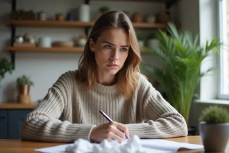 Jeune femme inquiète lisant une lettre dans la cuisine