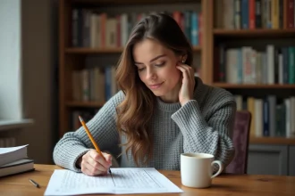 Femme concentrée cherchant un mot difficile dans un jeu de pendu sur papier à son bureau