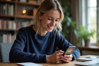Femme jouant à Monopoly GO sur smartphone avec l'interface du Club des Magnats visible à l'écran