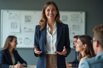 Femme leader MBTI Protagoniste ENFJ prenant la parole avec confiance lors d'une réunion en entreprise