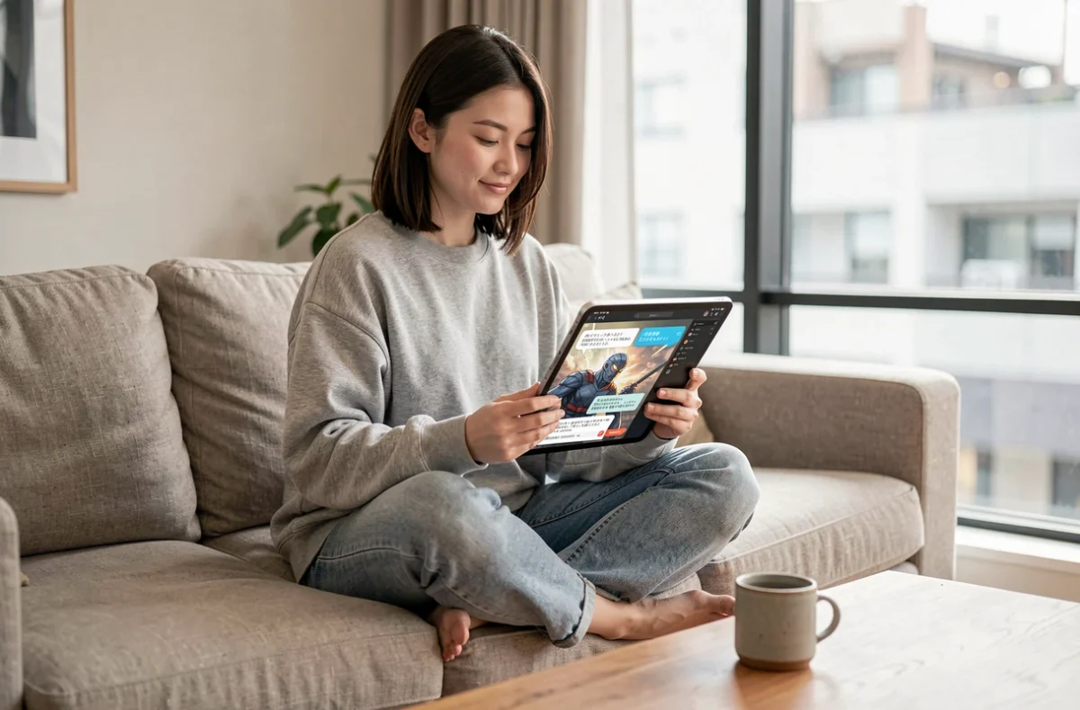Jeune femme lisant un manhwa sur tablette dans son salon, illustrant les plateformes de lecture pour suivre Become the Strongest Hero Through the Cheat System en 2026