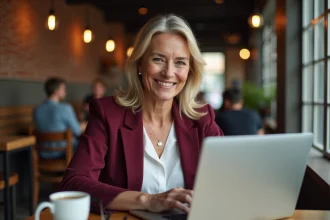 Femme mature et confiante dans la quarantaine utilisant un ordinateur portable dans un café élégant pour optimiser son profil de rencontres en ligne