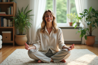 Femme sereine pratiquant la pleine conscience chez elle