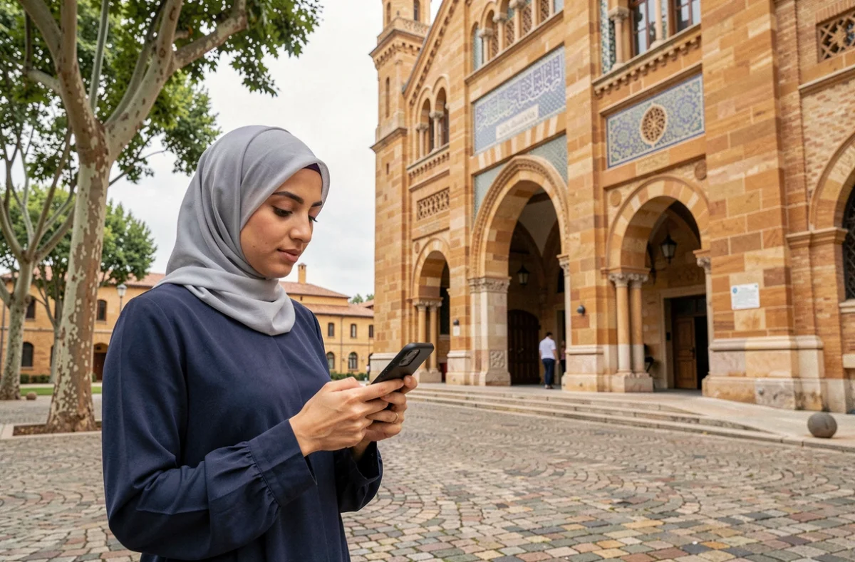 Jeune femme voilée consultant les horaires de prière sur smartphone devant la Grande Mosquée de Toulouse