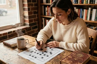 Femme résolvant une grille de mots croisés avec un crayon, assise à une table en bois avec un dictionnaire et un café