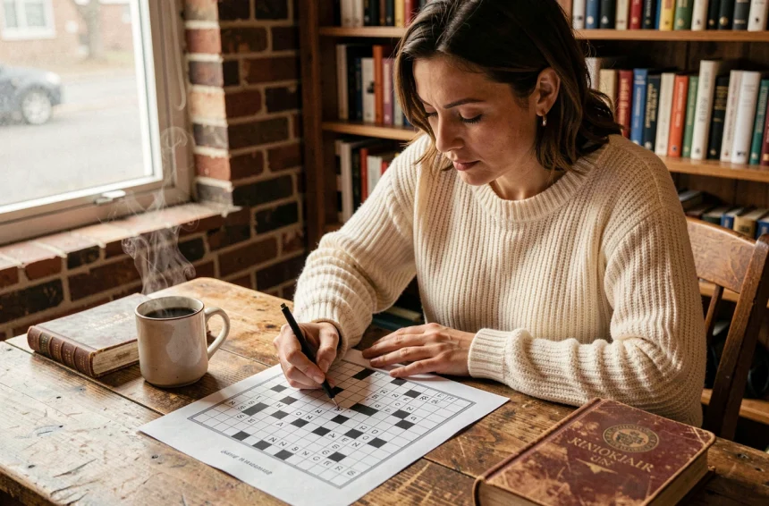Femme résolvant une grille de mots croisés avec un crayon, assise à une table en bois avec un dictionnaire et un café