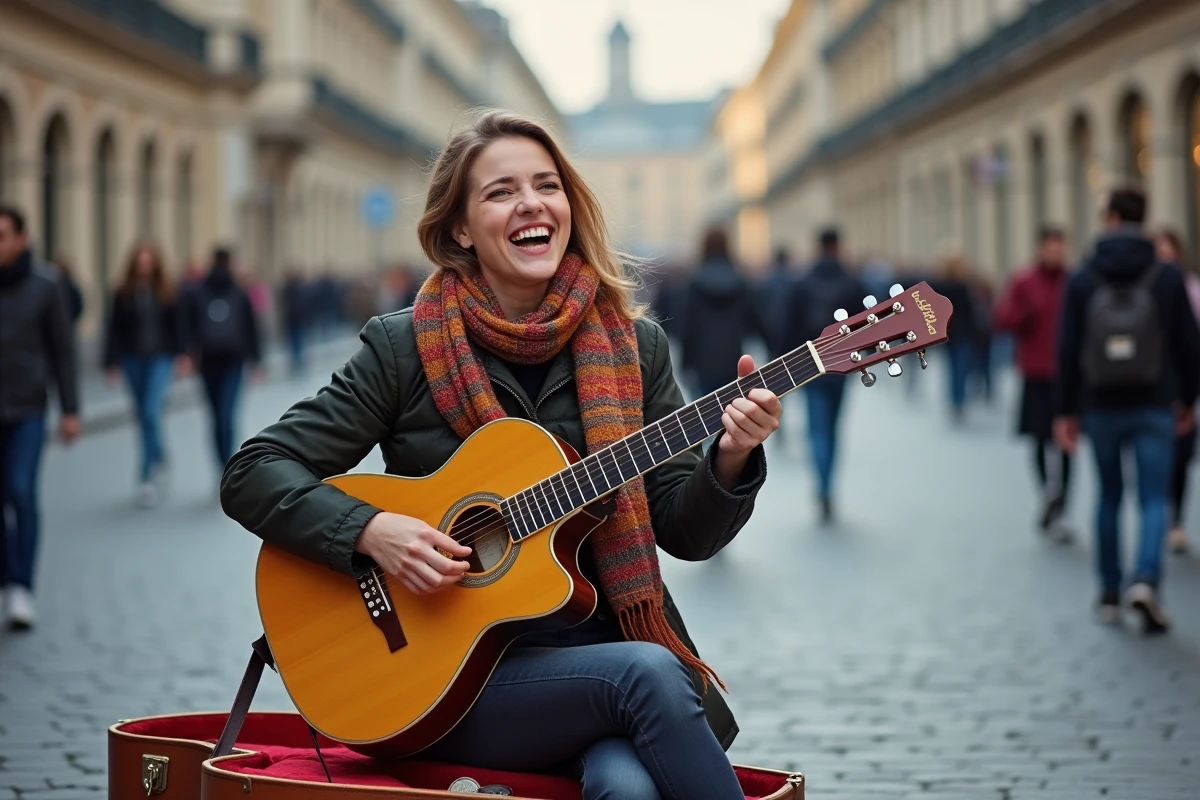 Femme musicienne de rue jouant de la guitare dans une place animée