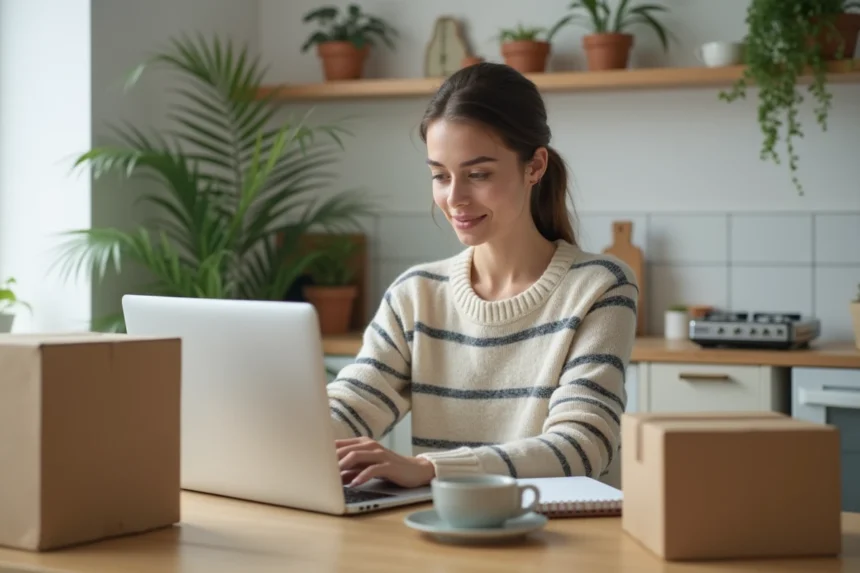 Jeune femme assise à une table avec ordinateur et produits