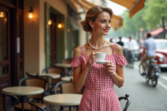 Femme élégante en robe à carreaux dans un café parisien années 1950
