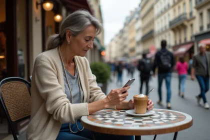 Femme française assise dans un café parisien en spring