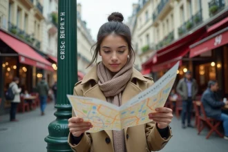 Jeune femme avec plan de Paris devant haussmannien