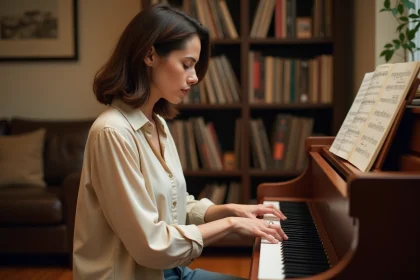 Femme jouant du piano et interprétant une chanson de Michel Berger dans un salon vintage chaleureux
