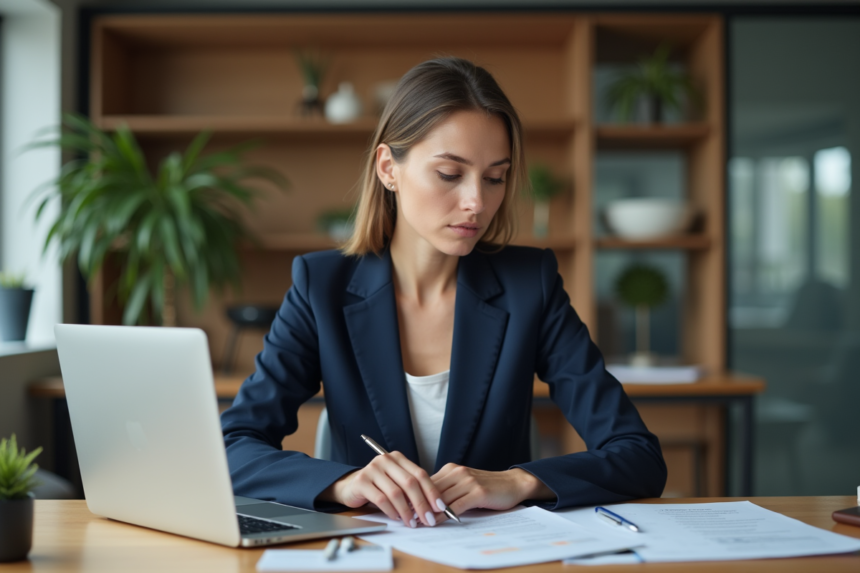 Femme en costume navy organisée au bureau