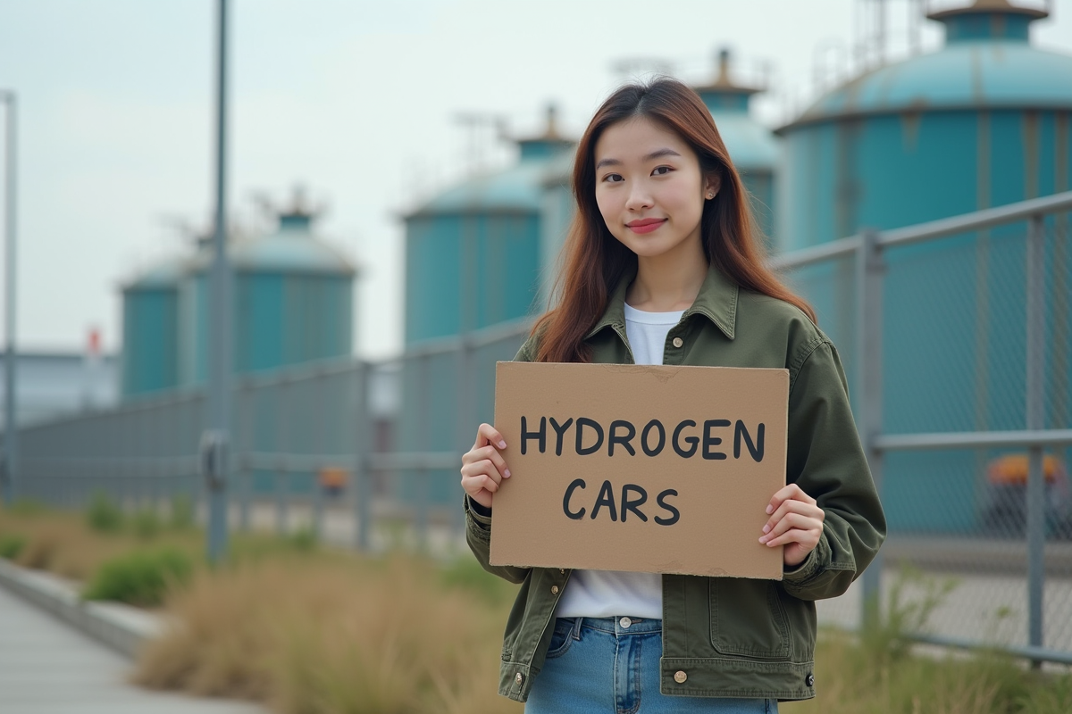 Jeune femme avec panneau proteste contre l environnement hydrogene